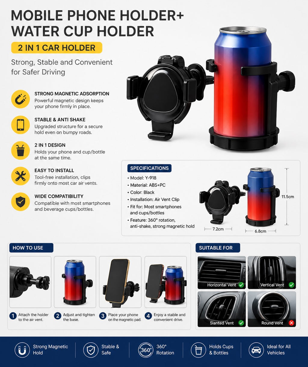 2-in-1 Car Air Vent Phone & Cup Holder