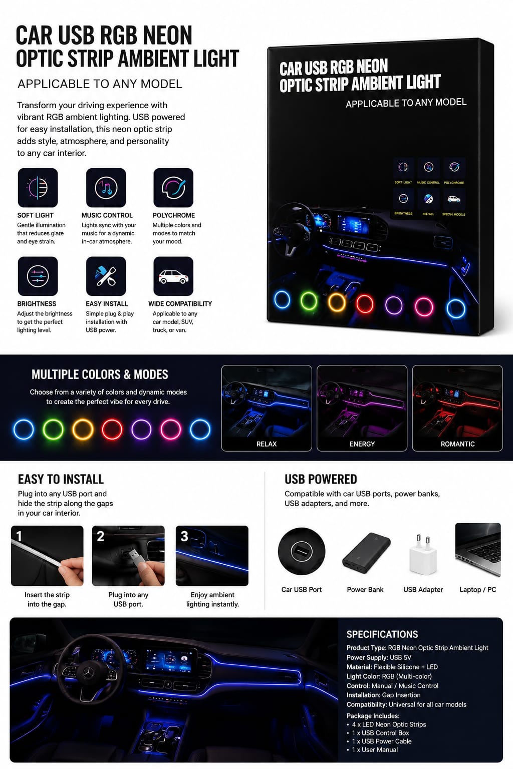 Car Dashboard Ambient Light strip - Premium Quality Light 1pc