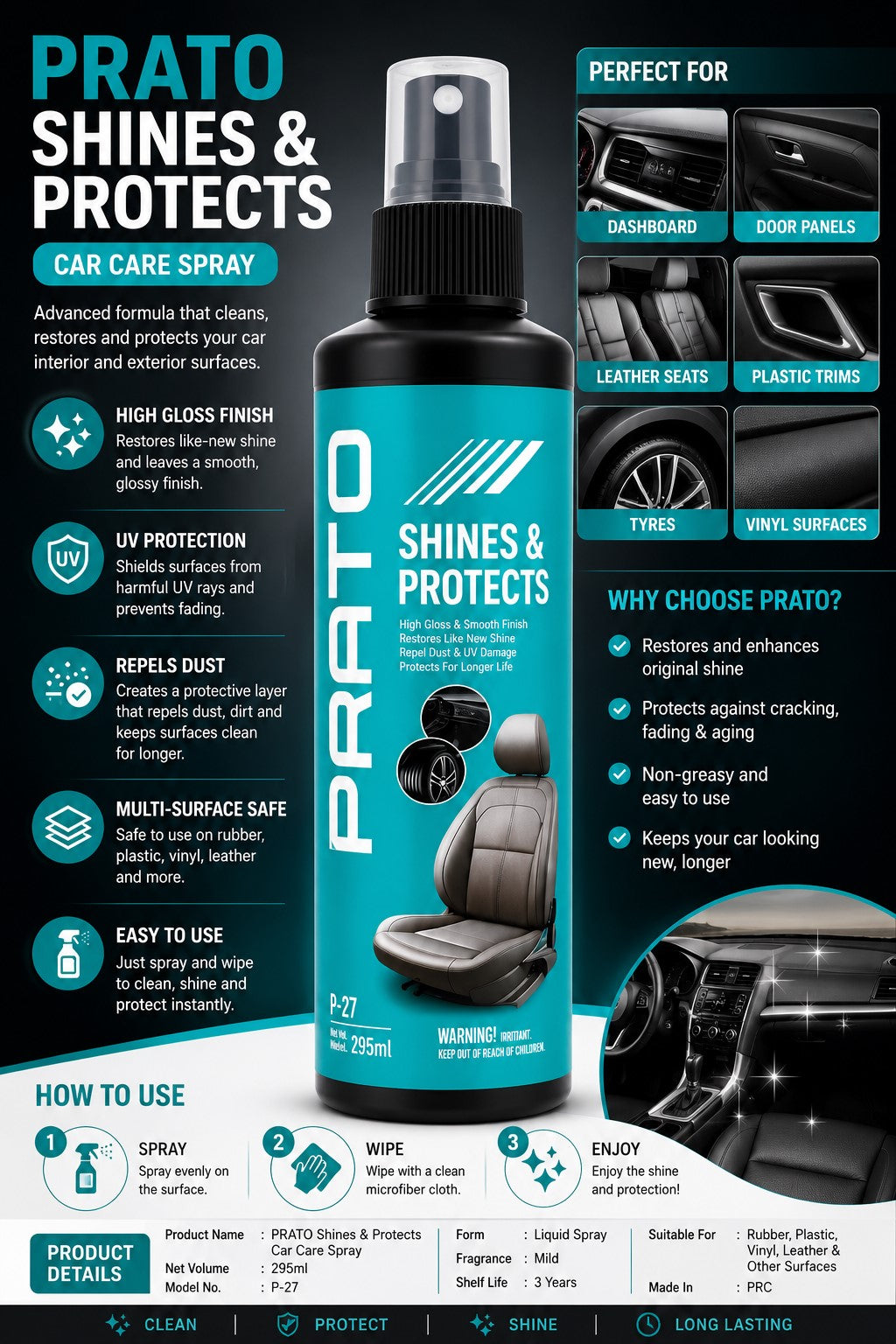 PRATO Shines & Protects | Leather, Dashboard, And Tyre