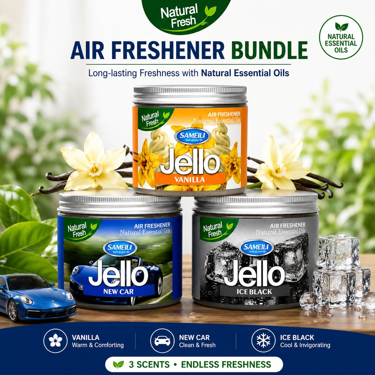 Bundle Car Air Freshener And Home Air Freshener Gel 220 Gram Vanilla | Ice Black| New Car Jello