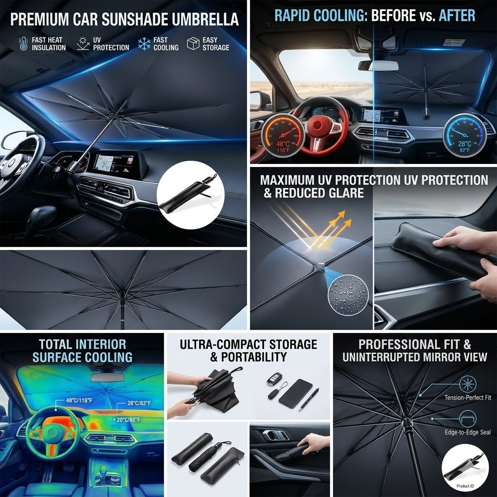 Foldable Windshield Sunshade Umbrella| Protect Dashboard, Seats All Weather UV Blocker