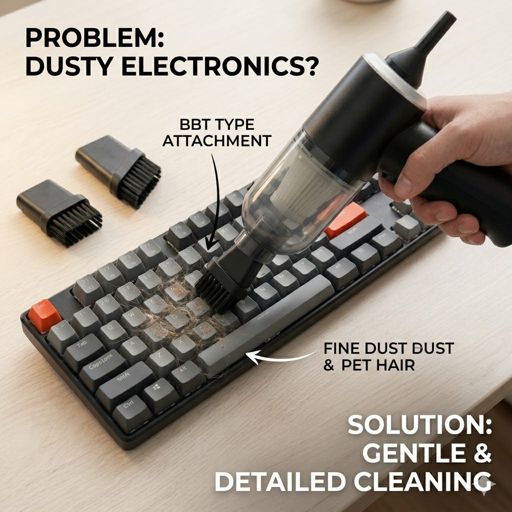 Vacuum cleaning a dusty keyboard with attachments on a light wood surface.