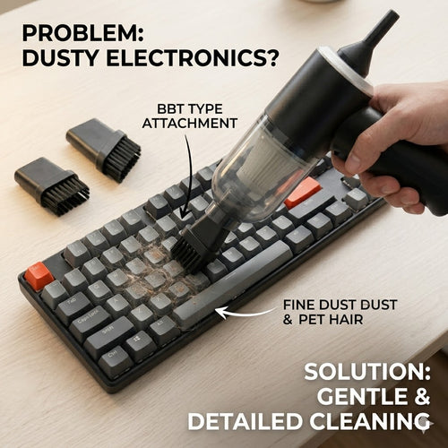 Vacuum cleaning a dusty keyboard with attachments on a light wood surface.